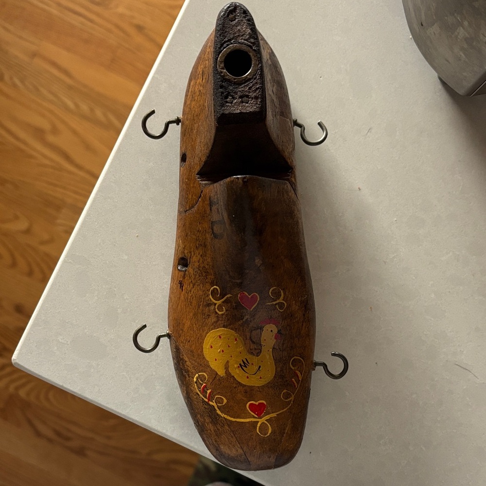 Vintage Wooden Shoe Form with Painted Rooster